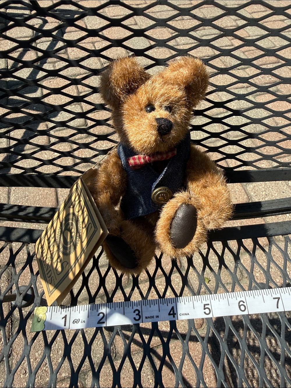 Boyds Bear Brown Mini Teddy Bear with Navy Vest and Red Plaid Bow